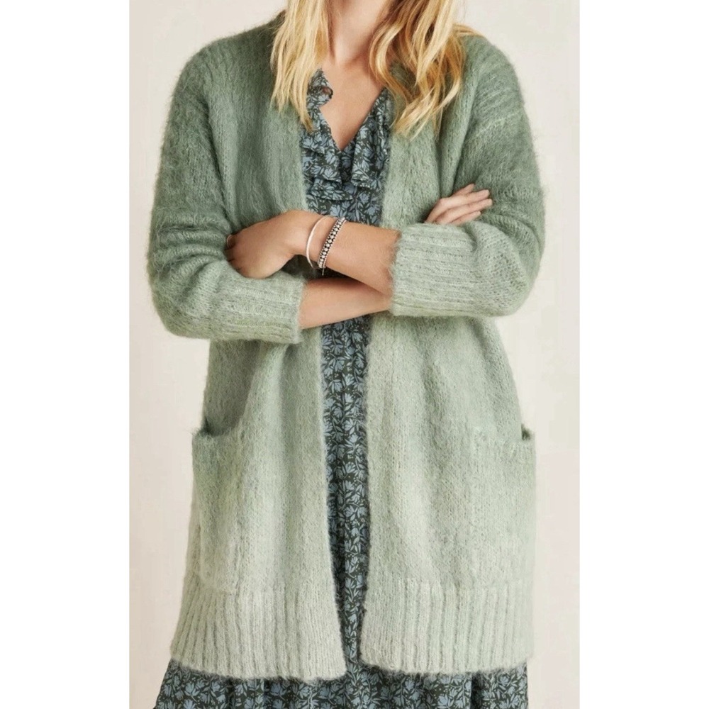NEW Anthropologie XL Ombre Green Alpaca Open Soft Handmade Pocket Cardigan Peru